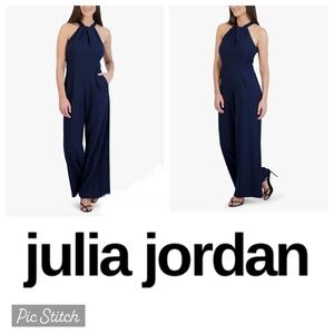Julia Jordan Navy Twist-Front Sleeveless Knot Neck Wide Leg Halter Jumpsuit